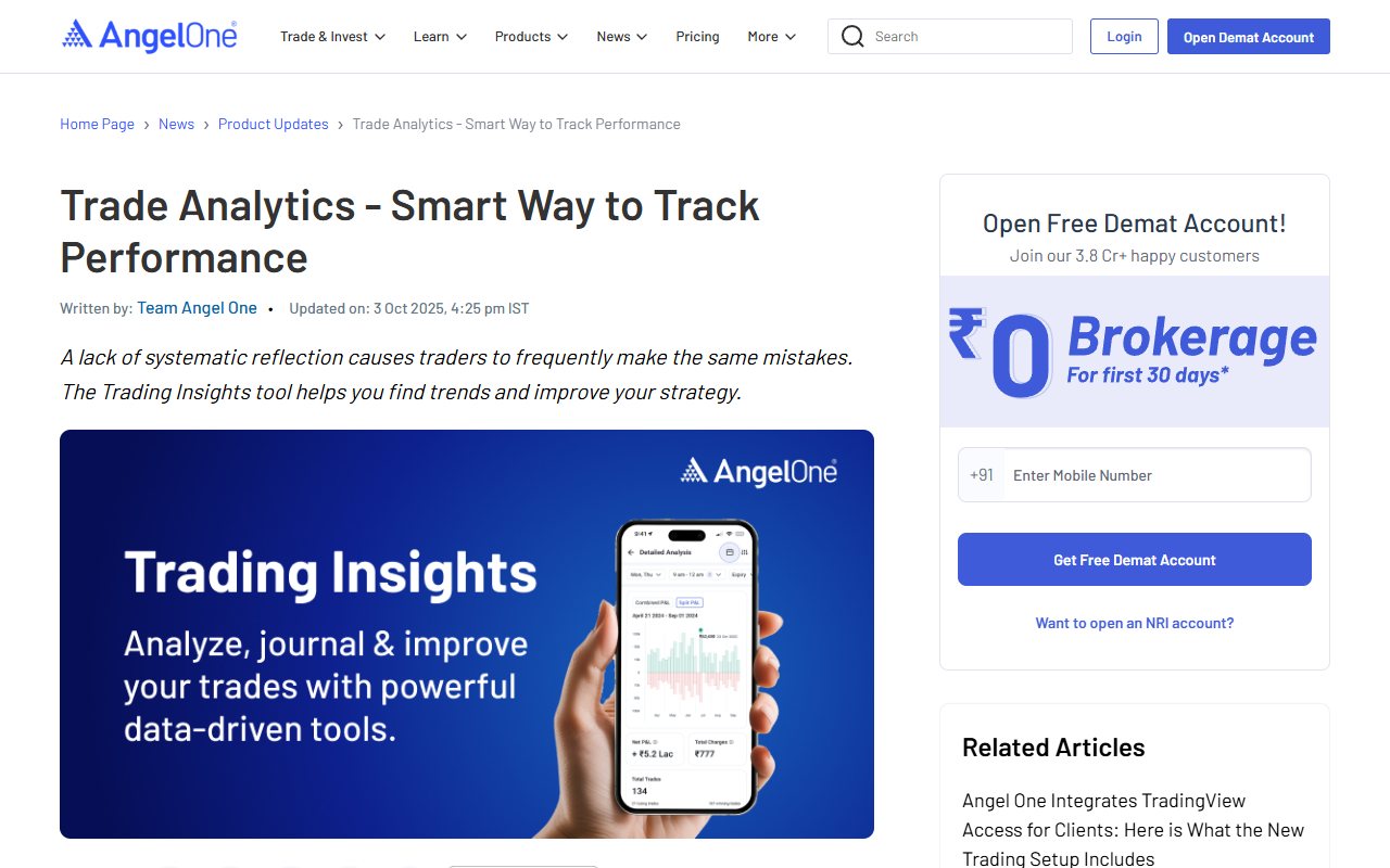 Angel One's public article about Trading Insights, with its published product picture.