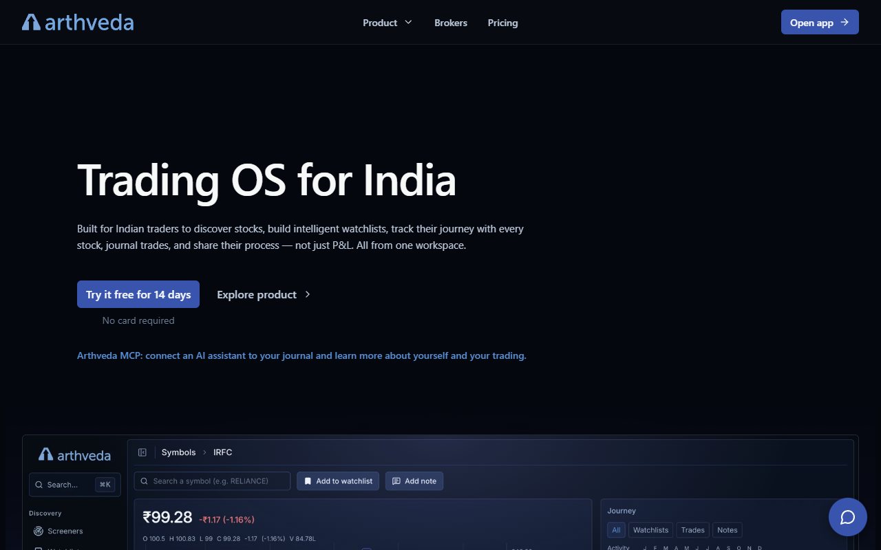 Arthveda's public homepage introducing stock ideas, watchlists, journaling and an outside AI connection.