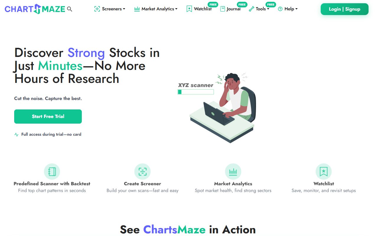 ChartsMaze public website showing stock tools and the Journal link.