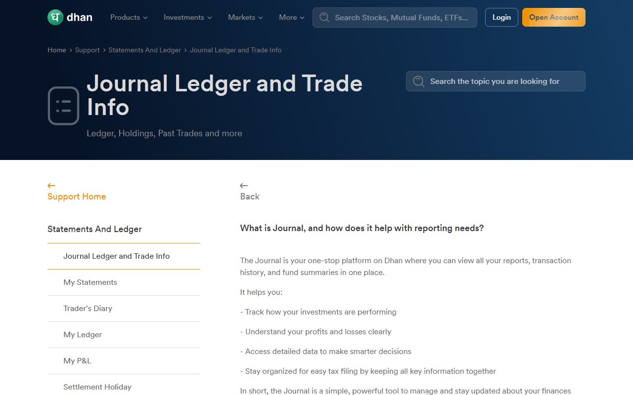 Dhan's public help page explaining its Journal reports.