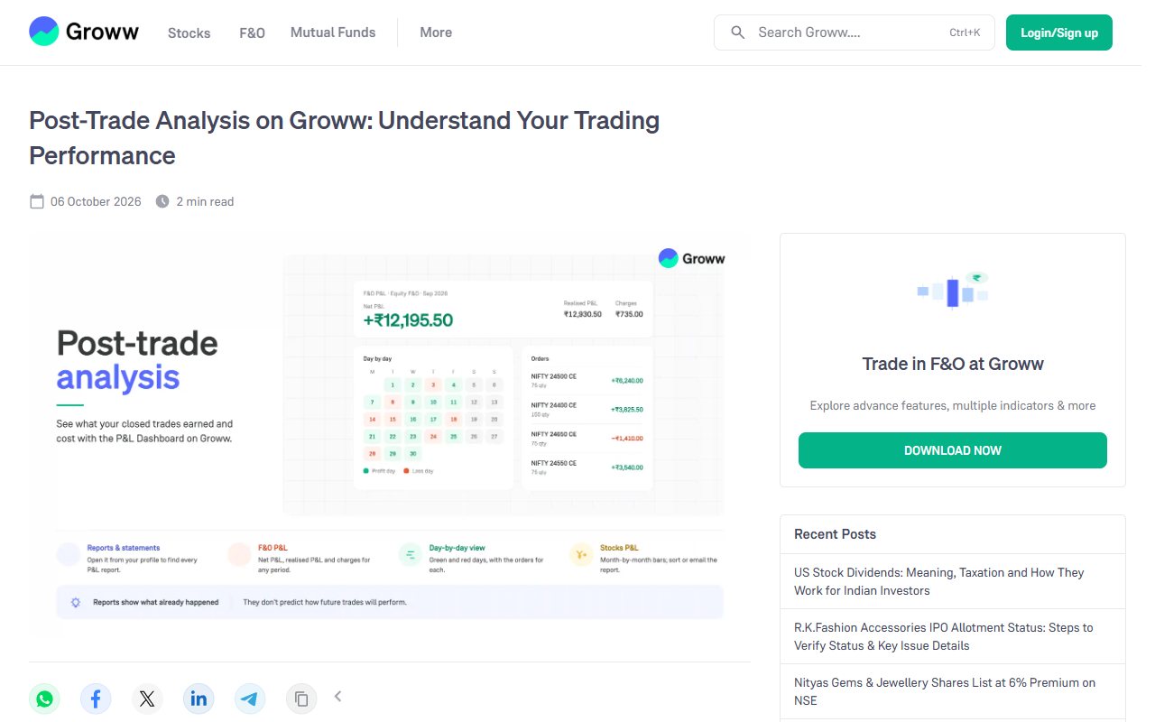 Groww's public guide about its F&O reports and daily P&L review.