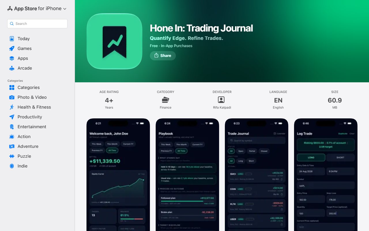 Hone In's developer-published Apple India app listing.