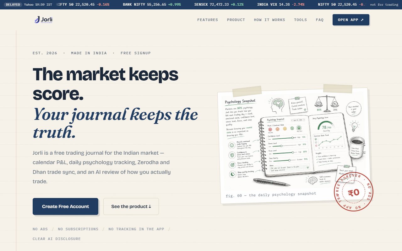 Jorli public homepage describing a free Indian journal and showing a psychology notebook illustration.