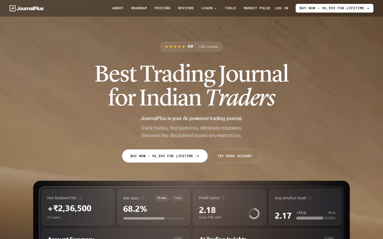 JournalPlus public India homepage showing an AI journal heading, lifetime offer, demo button and sample report.