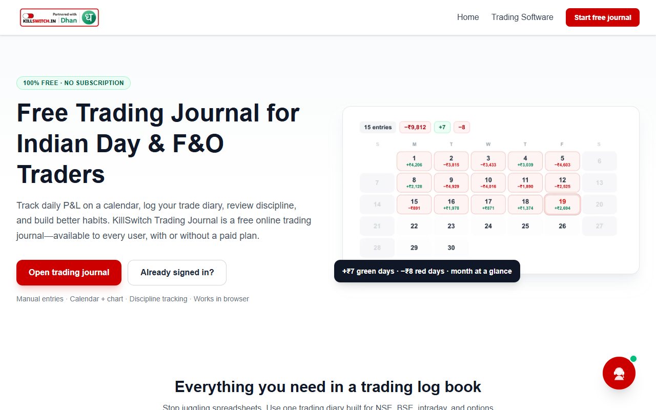 KillSwitch's public free-diary page with a sample daily profit-and-loss calendar.