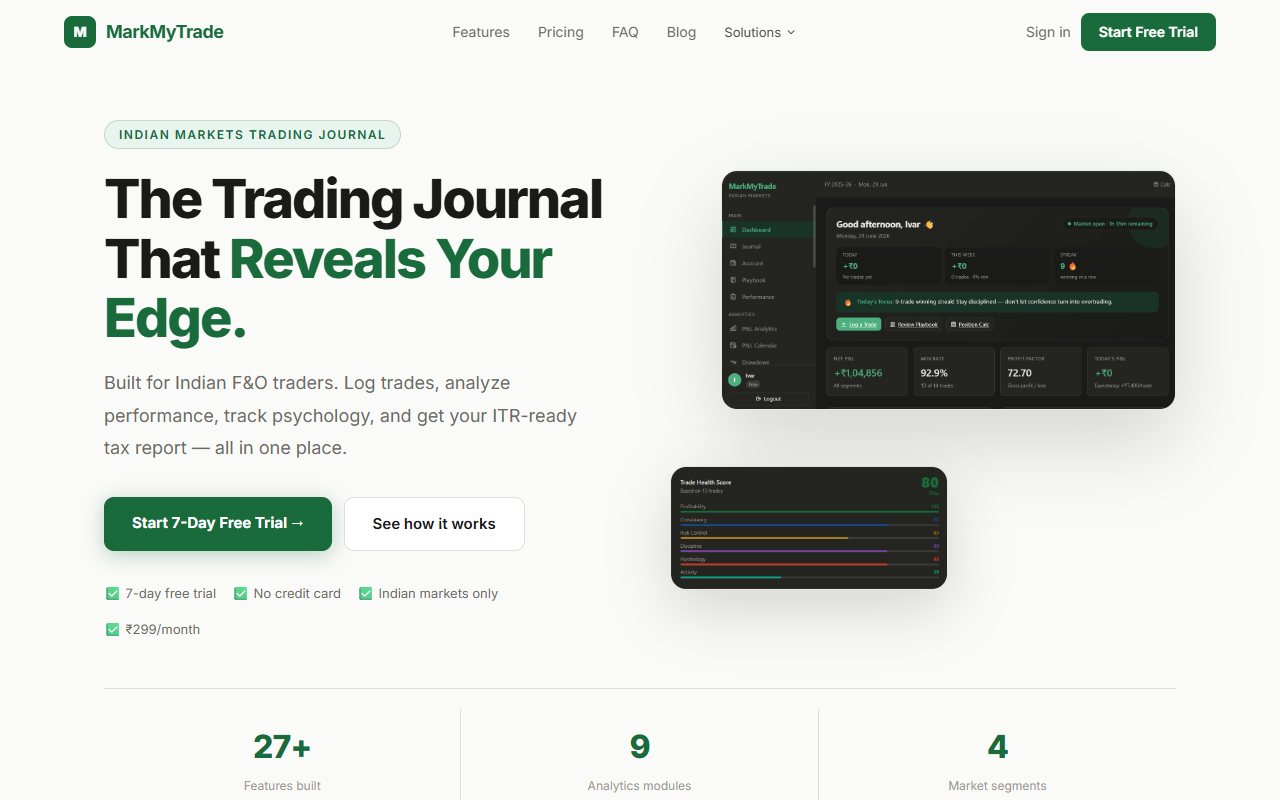 MarkMyTrade's public homepage, showing its Indian trading journal and review tools.