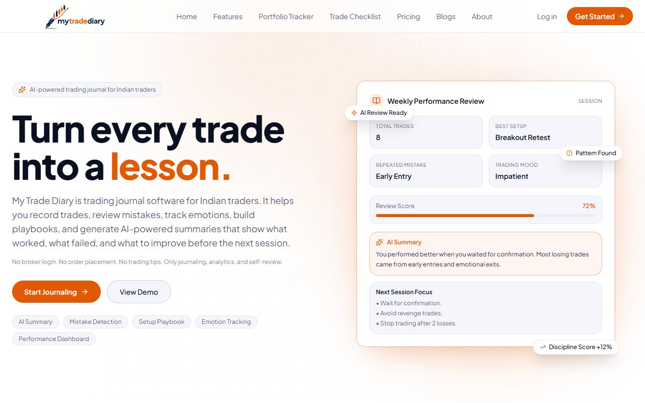 My Trade Diary public homepage showing its journal text beside sample weekly review and AI summary.