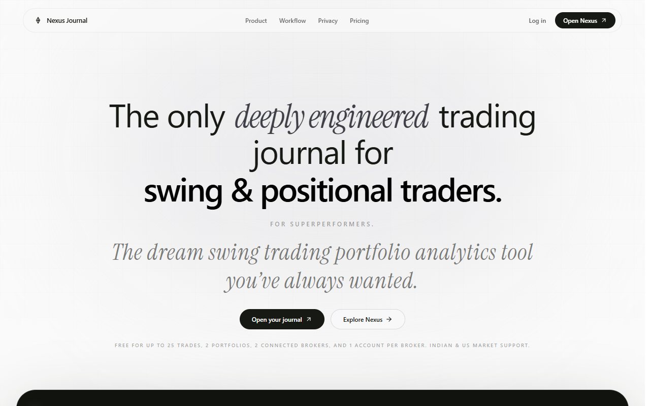 Nexus Journal's public homepage with its swing-trading heading and Free limits.