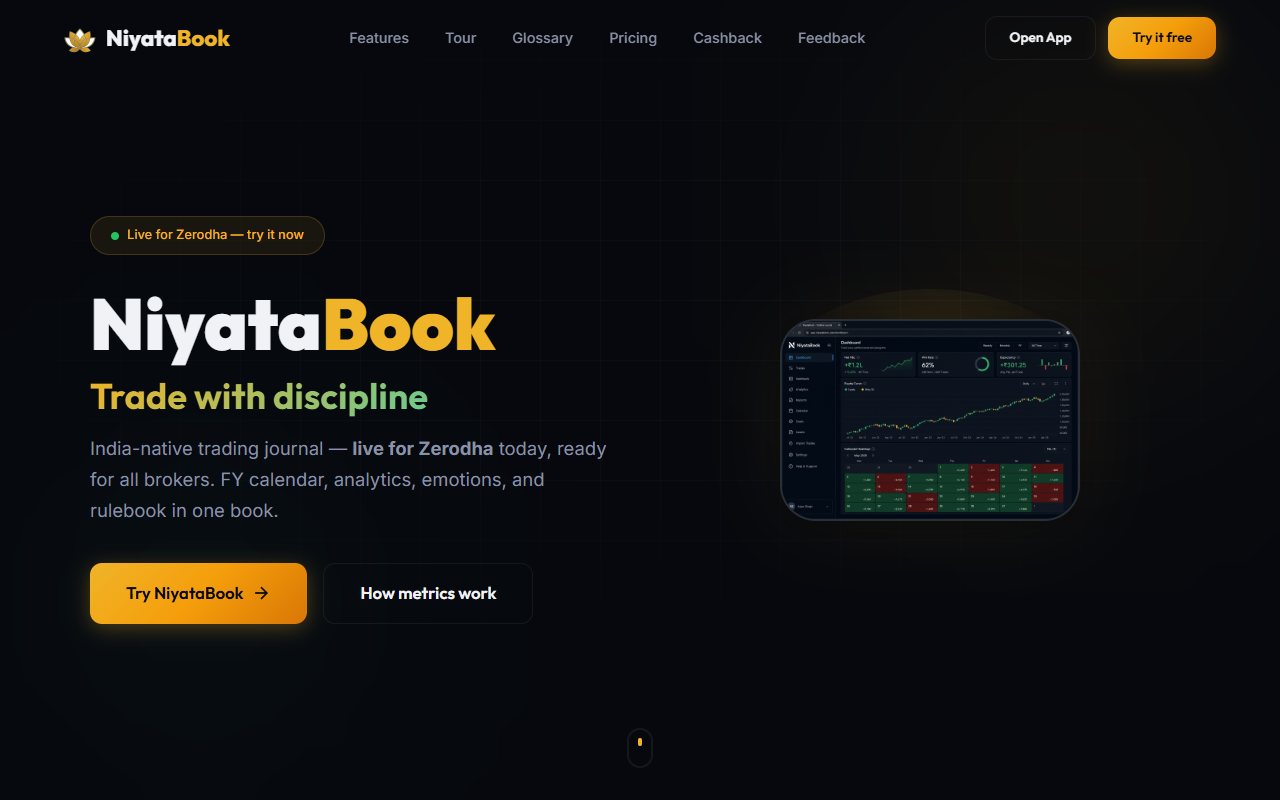 NiyataBook's public homepage showing its journal and live Zerodha message.