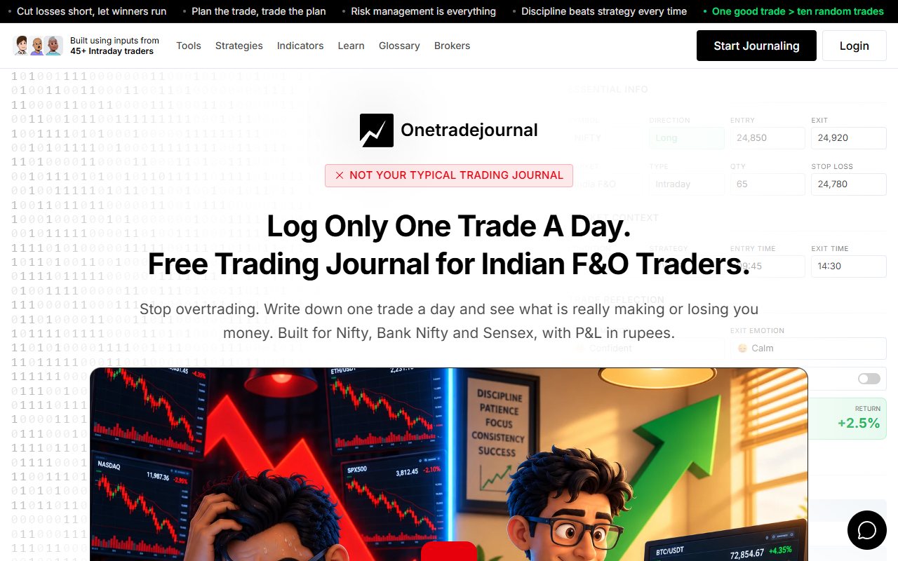 OneTradeJournal public website showing its manual Indian F&O journal positioning and a journal illustration.