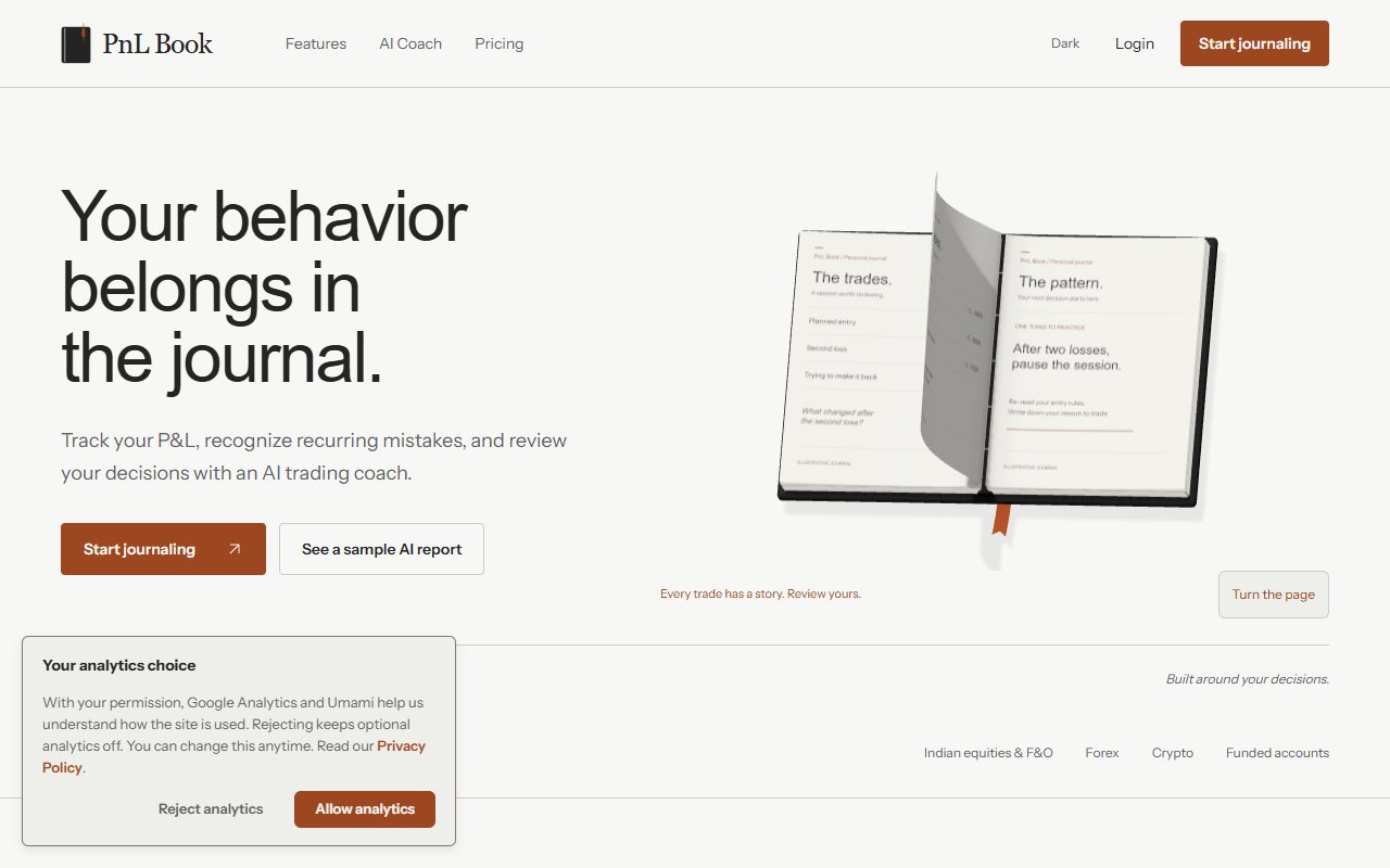 PnL Book public homepage showing its behavior-review heading, AI description and notebook illustration.
