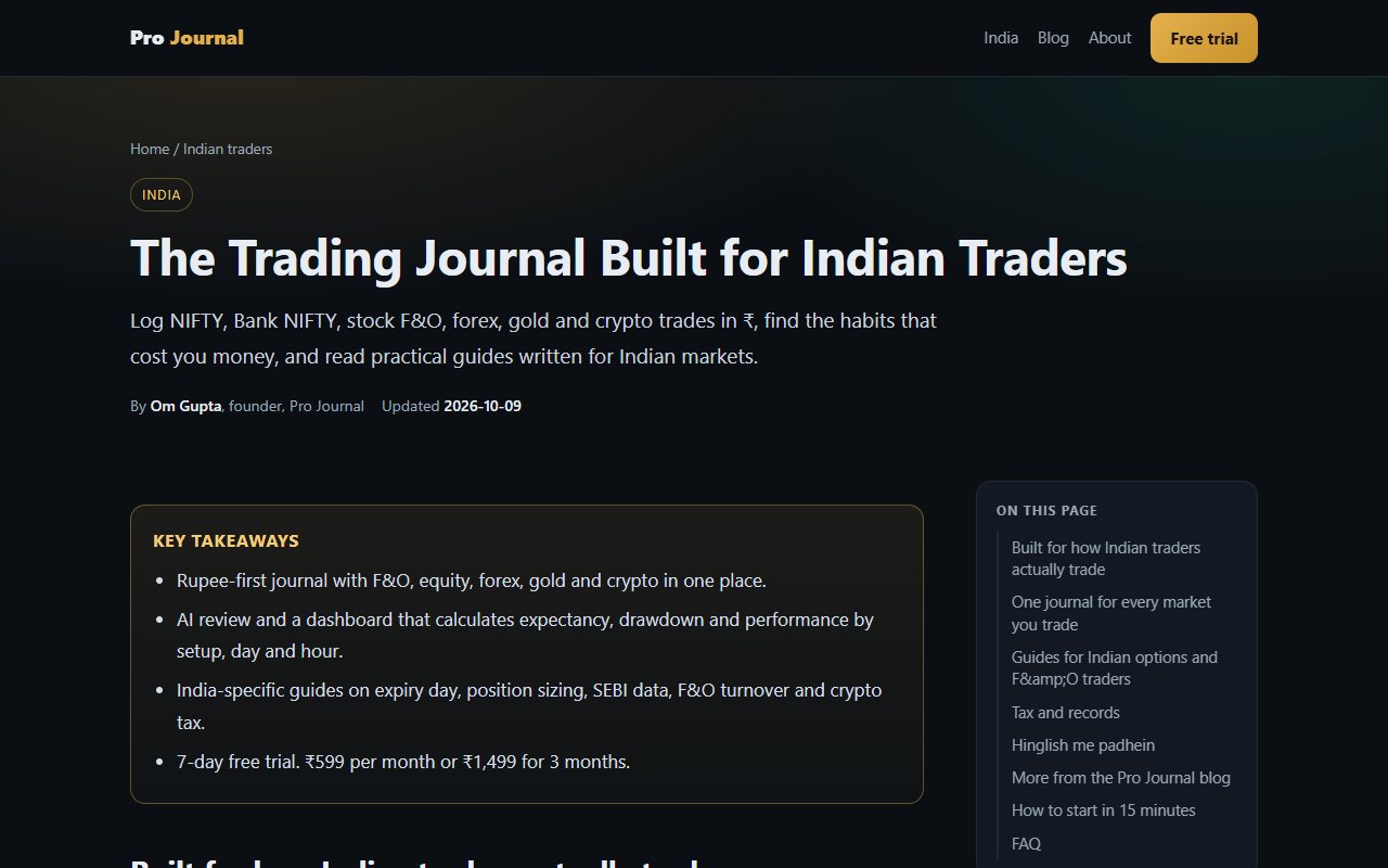 Pro Journal public India page describing rupee-based options logging, a seven-day trial and subscription prices.