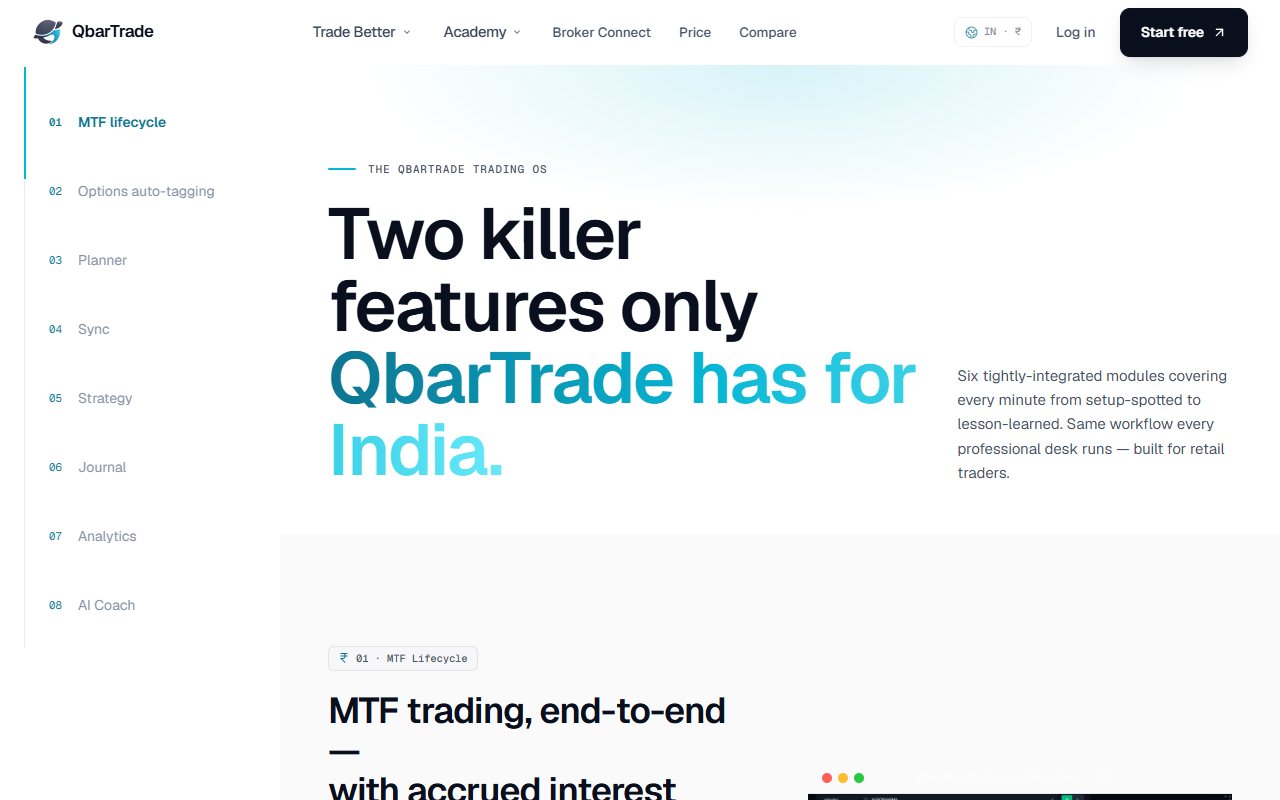 QbarTrade public features page with links for plans, broker sync, strategies, journal, reports and AI Coach.