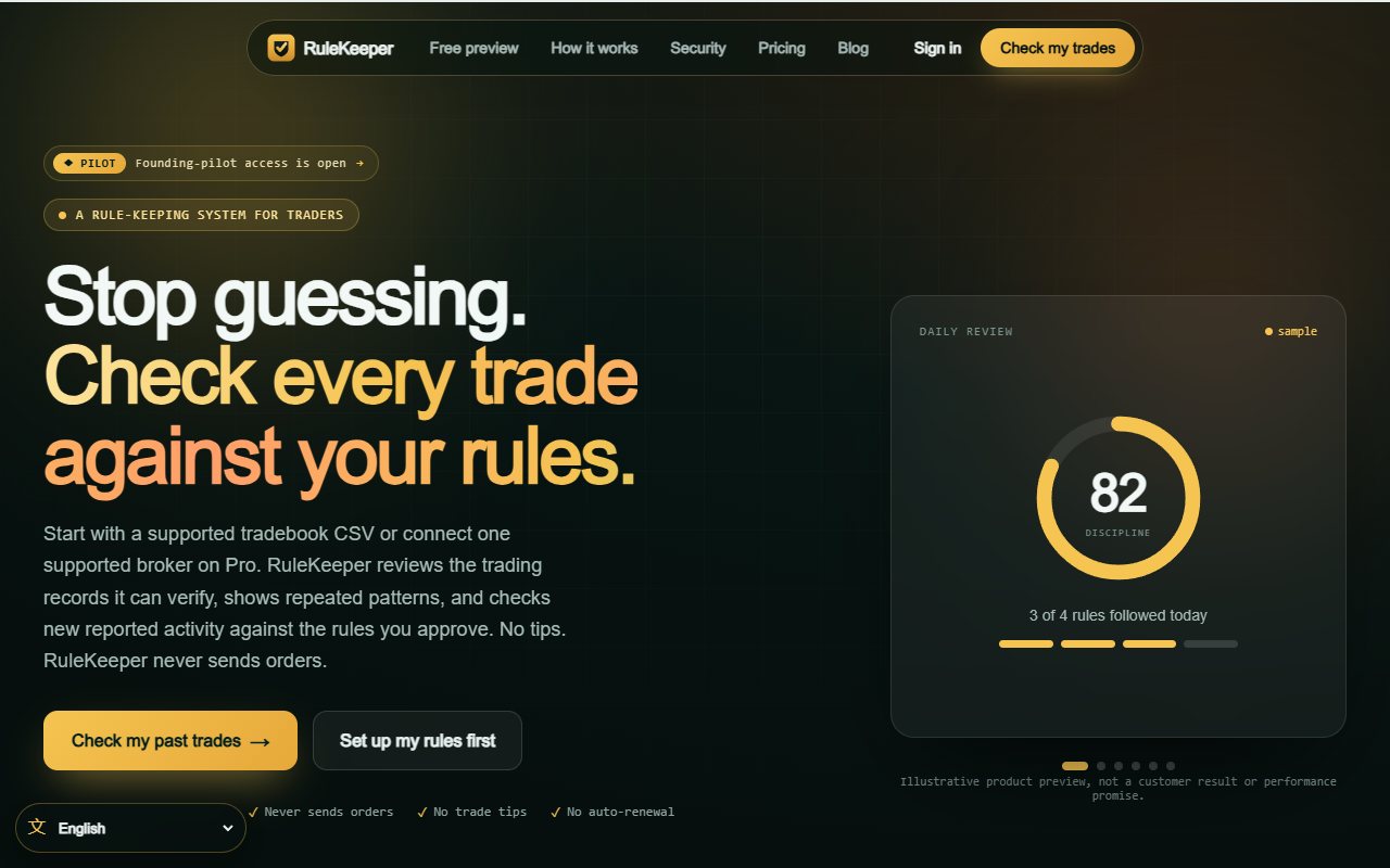 RuleKeeper public website explaining tradebook review against chosen rules.