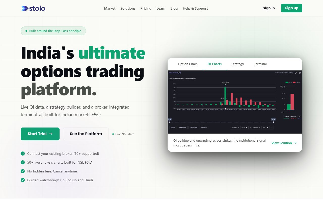 Stolo public website showing its options trading platform.