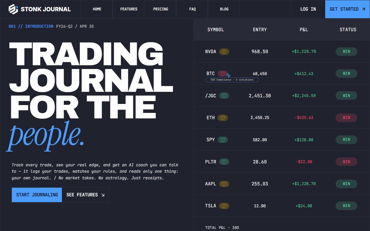 Stonk Journal's public homepage with its title and sample trade rows.