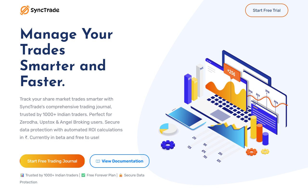 SyncTrade public homepage describing a share-trading journal and free beta, with a documentation link.
