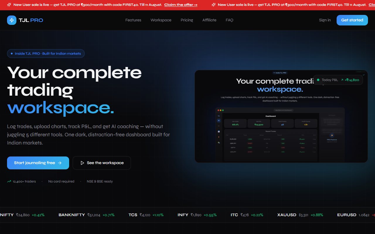 TJL Pro public homepage with a workspace heading, dashboard illustration and an August 11 offer banner.