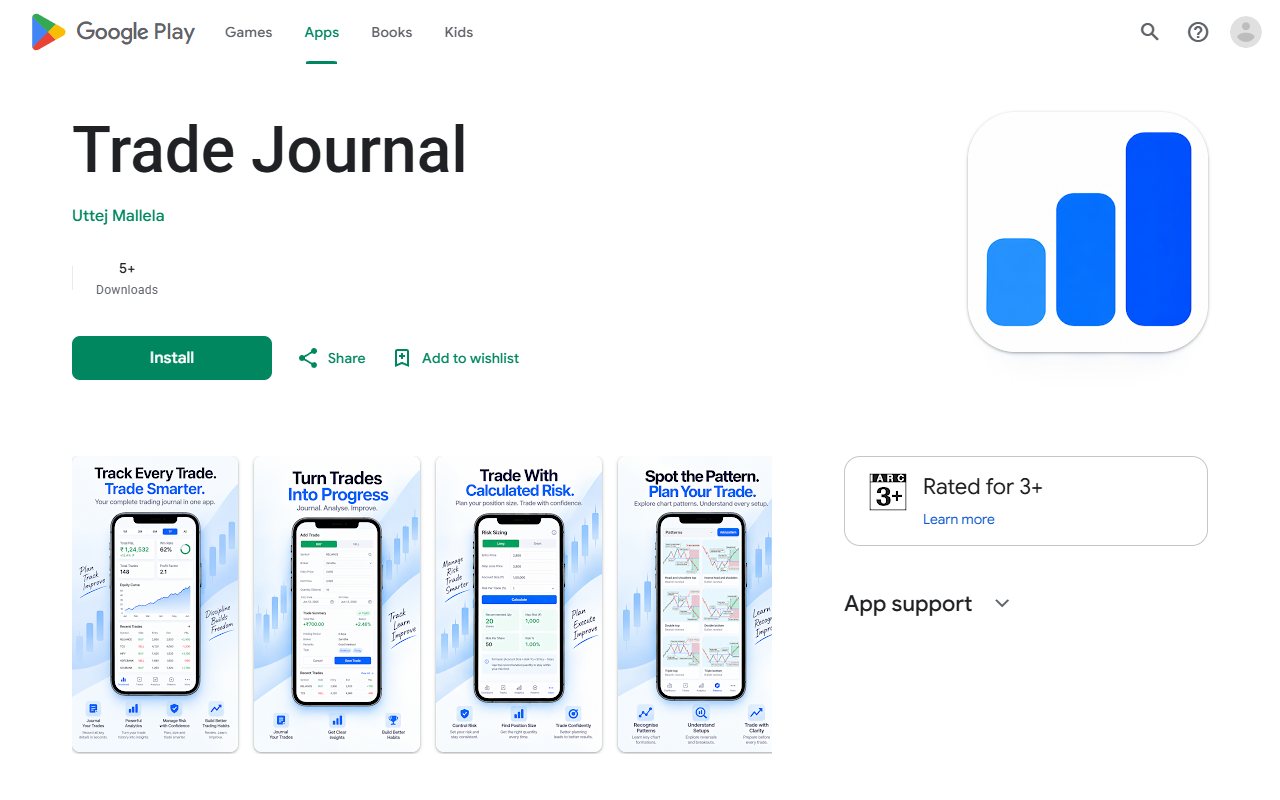 Trade Journal's Google Play page with its app title, developer, Install button and developer-supplied images.
