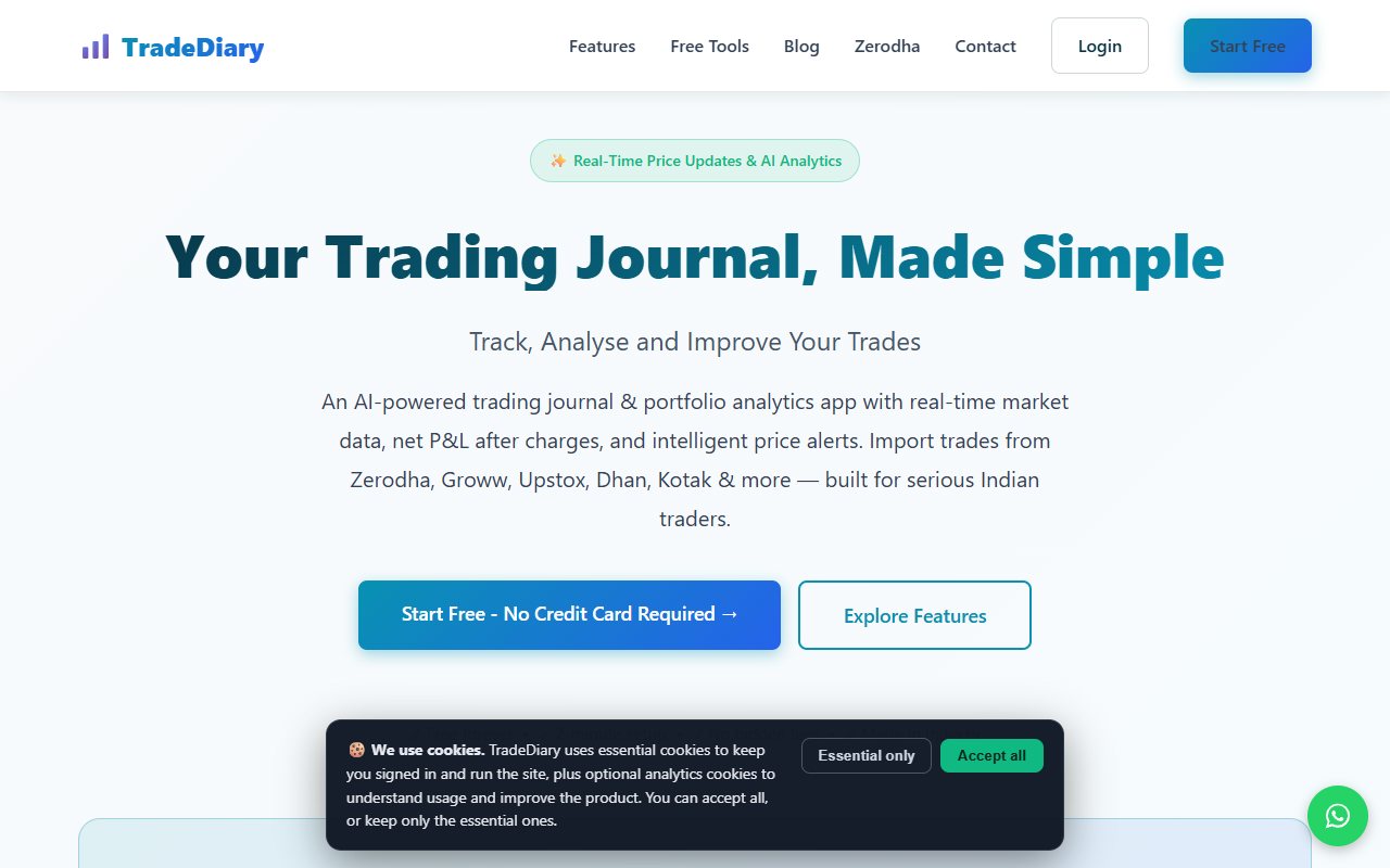 TradeDiary.app public homepage with its logo, portfolio and journal text, import description and free-start button.