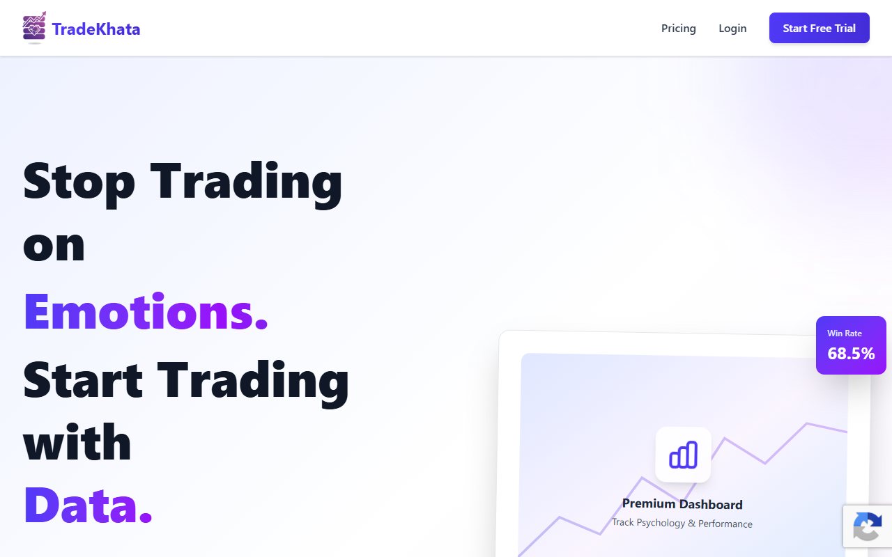 TradeKhata's public homepage with its trading-feelings heading and a sample chart.