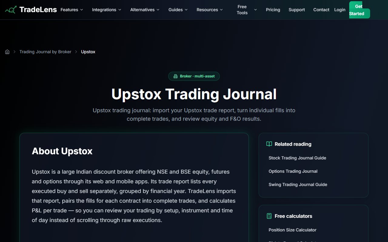 TradeLens's public Upstox page describing broker-report uploads and equity and options review.
