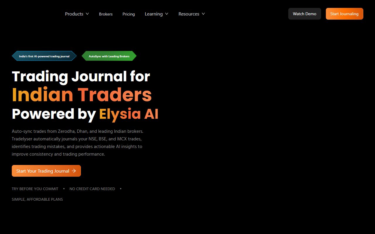 TradeLyser's public homepage with its Indian trader heading, Elysia AI and sign-up link.