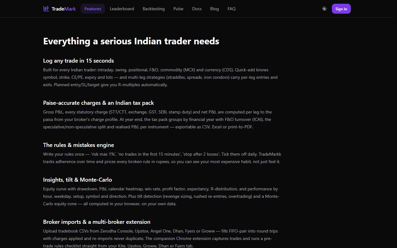 TradeMarkk's public page listing journal features.