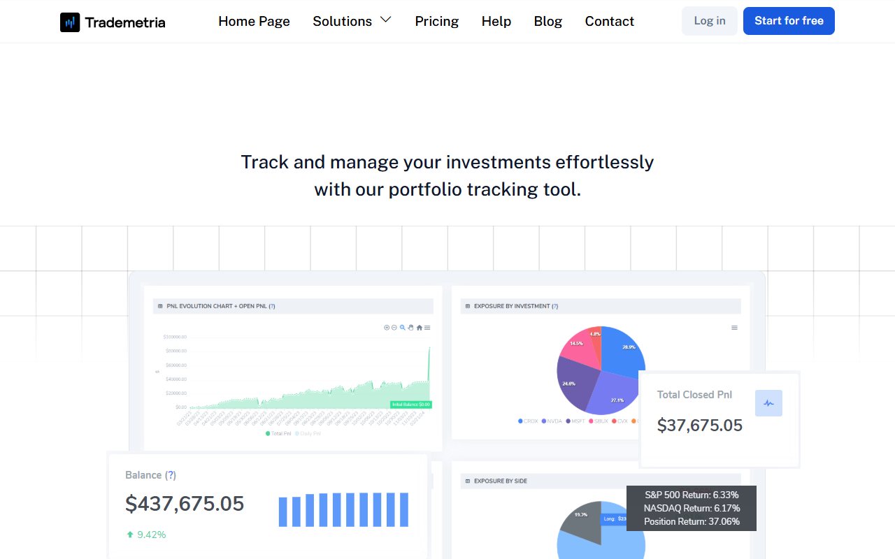 Trademetria's public investment-tracking page with sample holding and balance charts.