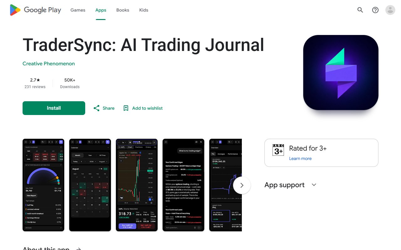 TraderSync's Google Play listing with its app name, icon and developer-supplied phone pictures.