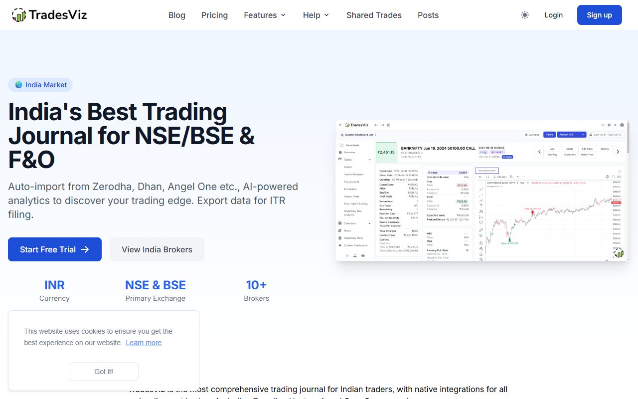 TradesViz public India page showing its Indian market heading, broker import text and a trade chart illustration.