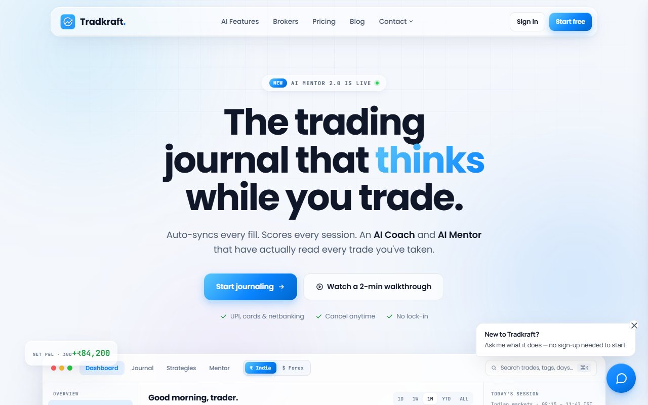Tradkraft's public homepage with its AI Coach and Mentor offer and part of a demo journal.