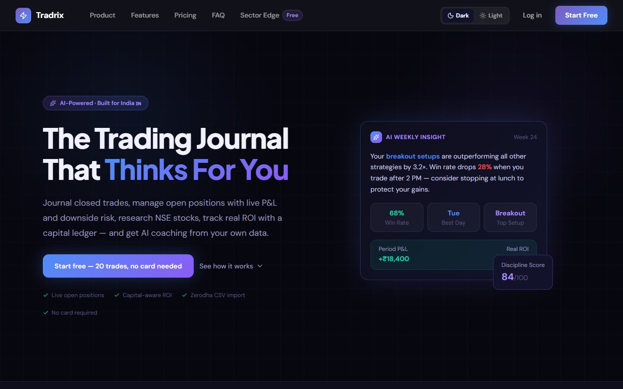 Tradrix public homepage with journal, open-position and capital text, a 20-trade start and sample AI insight.