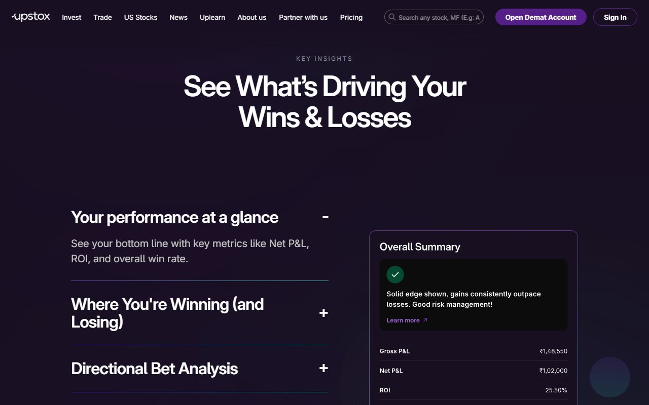 Upstox Trading Insights public section with its review categories and example figures.