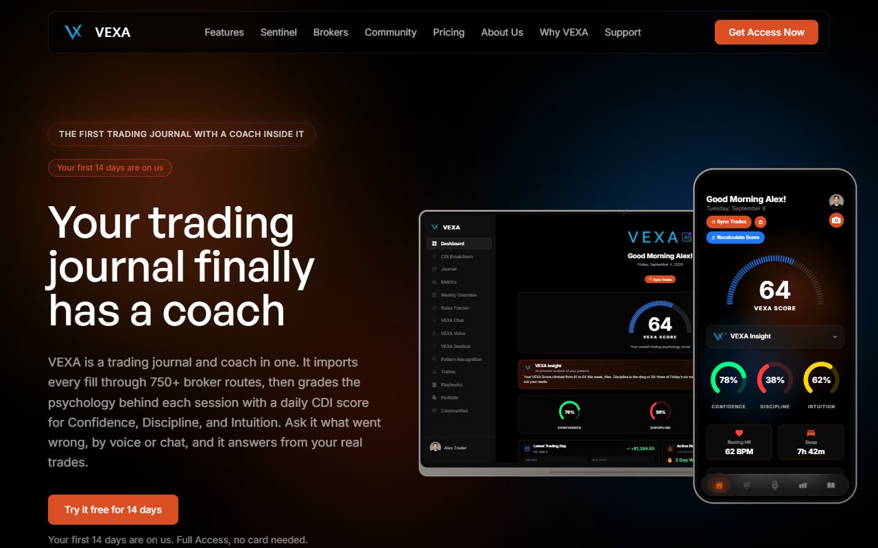 VEXA's public homepage with phone and web journal examples.