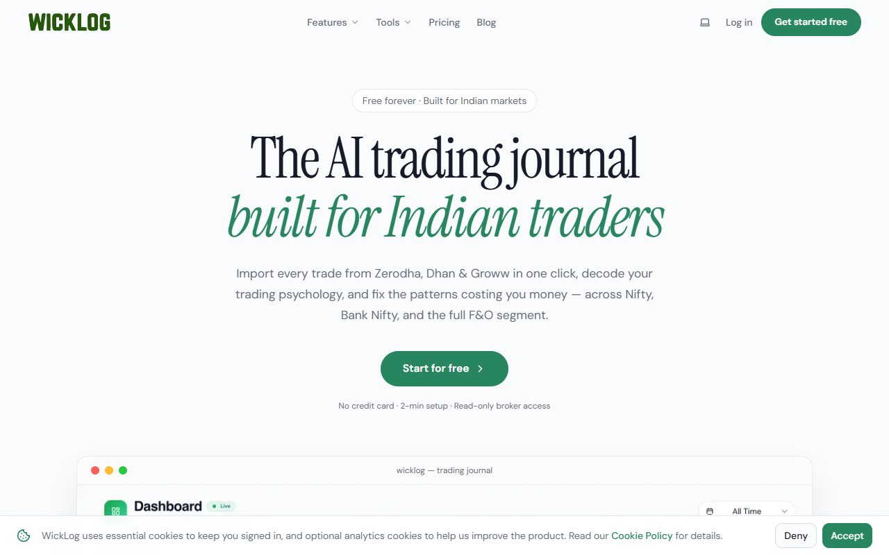 WickLog public homepage with an Indian journal heading, broker-import text and part of a dashboard illustration.